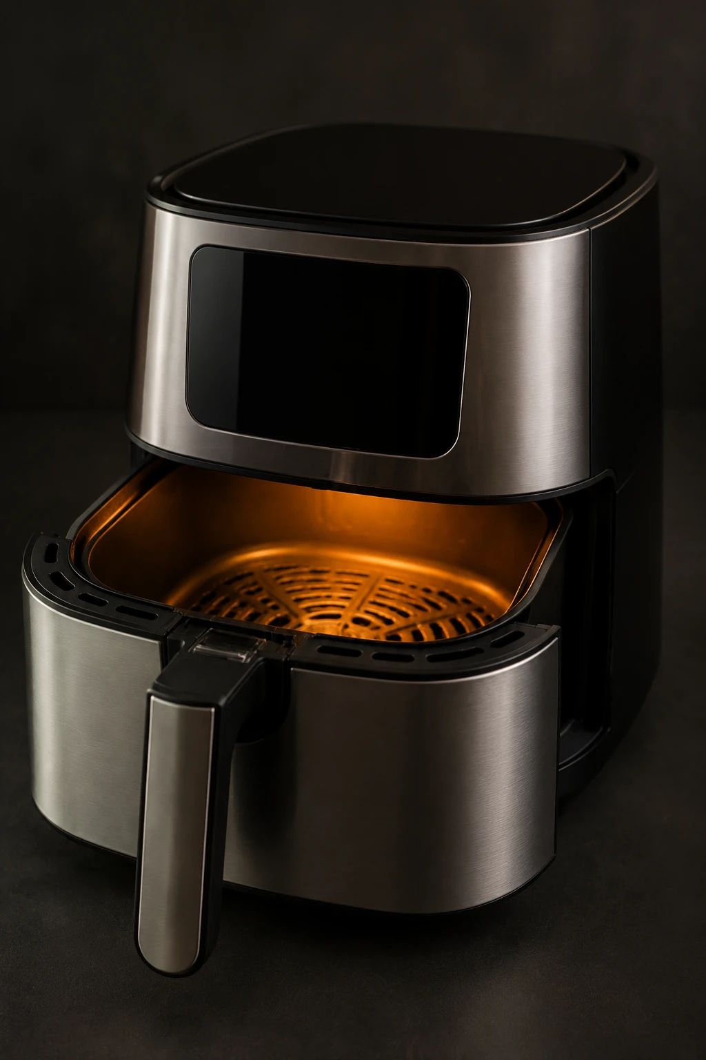 Compact air fryer with a stainless steel front and digital control panel
