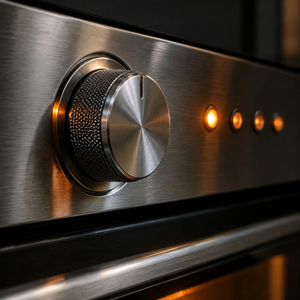 Close-up of a brushed stainless steel control panel with a temperature dial