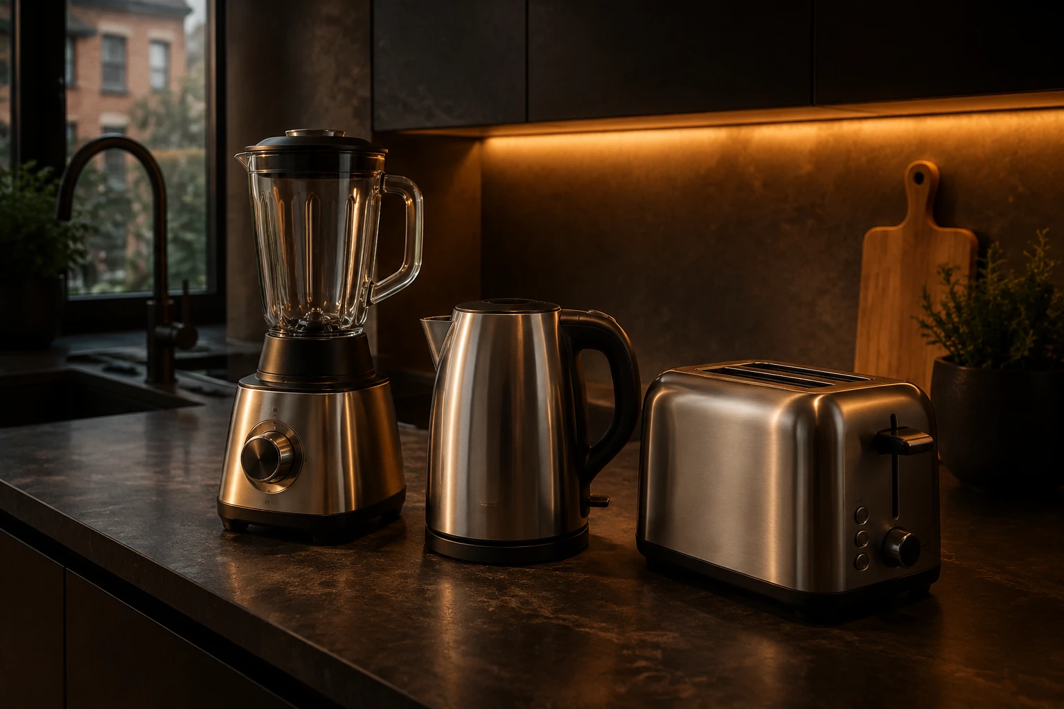 Kitchen worktop with a blender, kettle and toaster in warm evening light