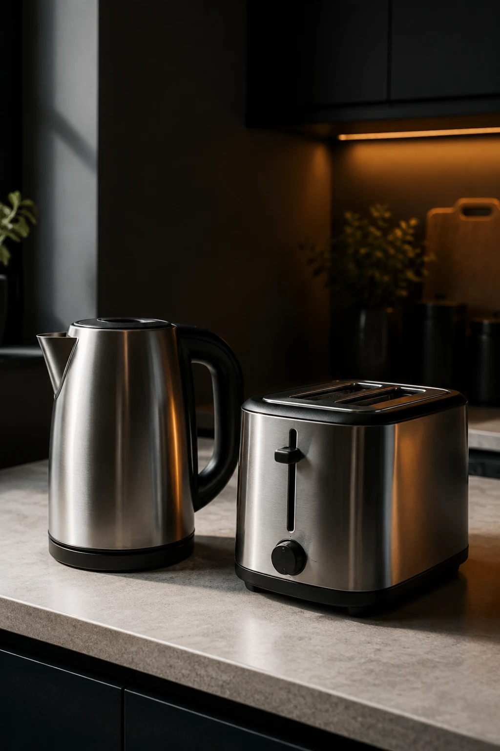 Stainless steel kettle and toaster on a light kitchen worktop
