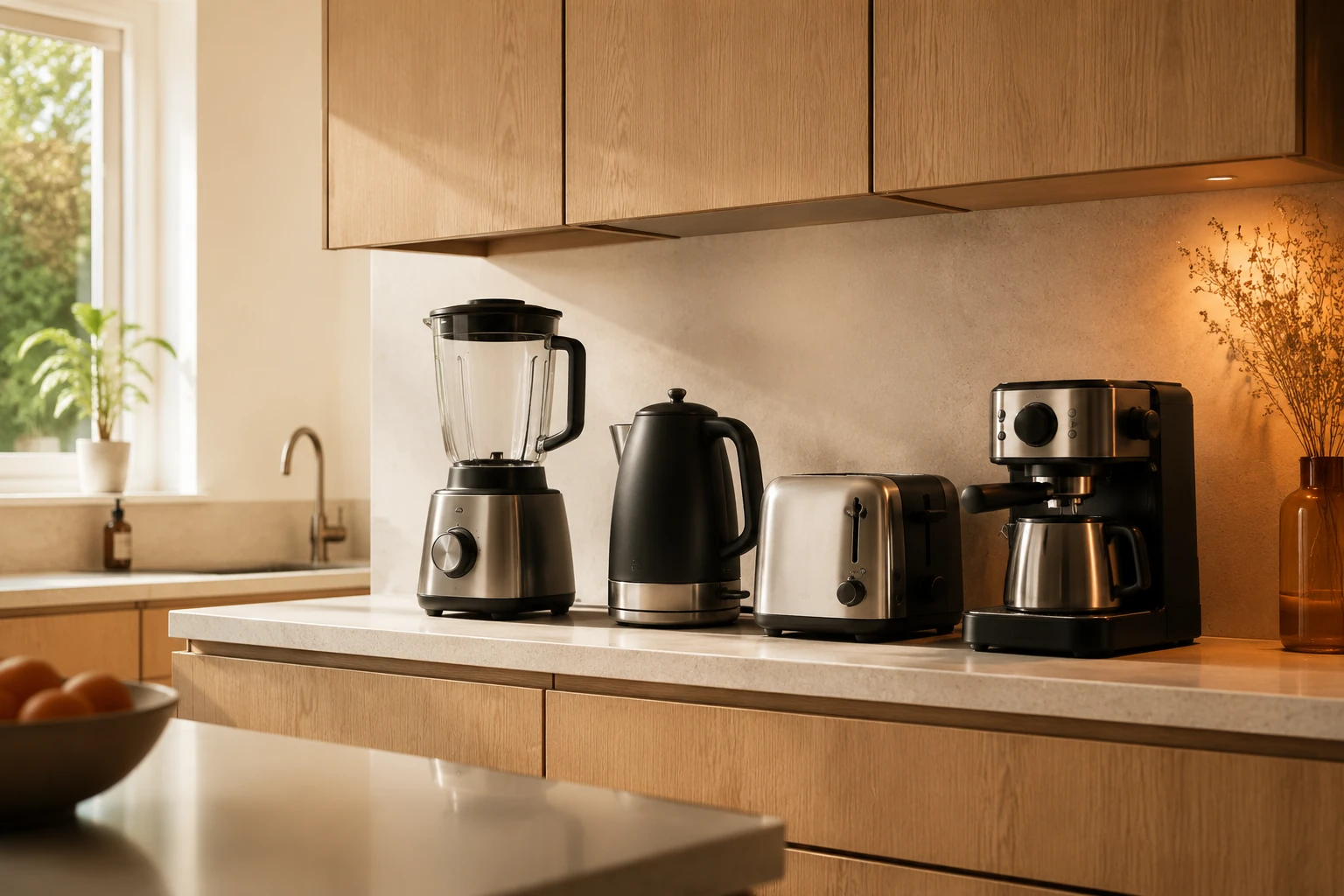 Bright home kitchen with small appliances arranged along the worktop