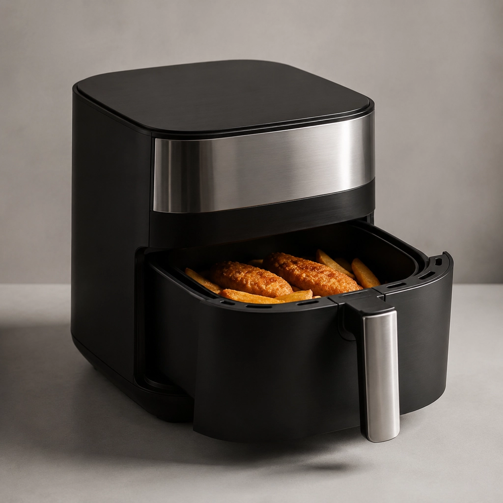 Air fryer on a neutral background with the basket slightly open