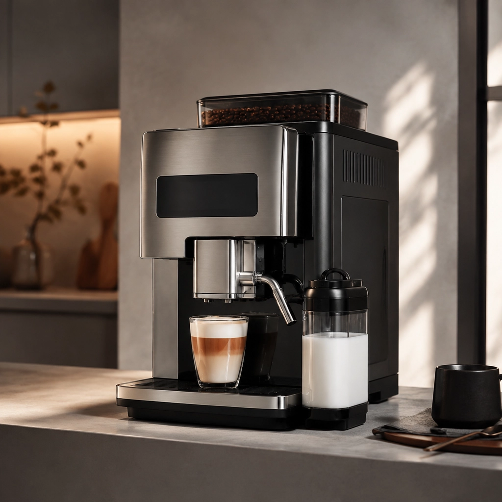 Tall bean-to-cup coffee machine with a bean hopper and milk spout on a neutral background