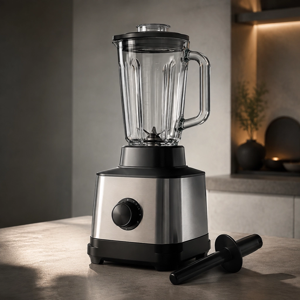 Countertop blender with a heavy metal base and a large glass jug on a neutral background