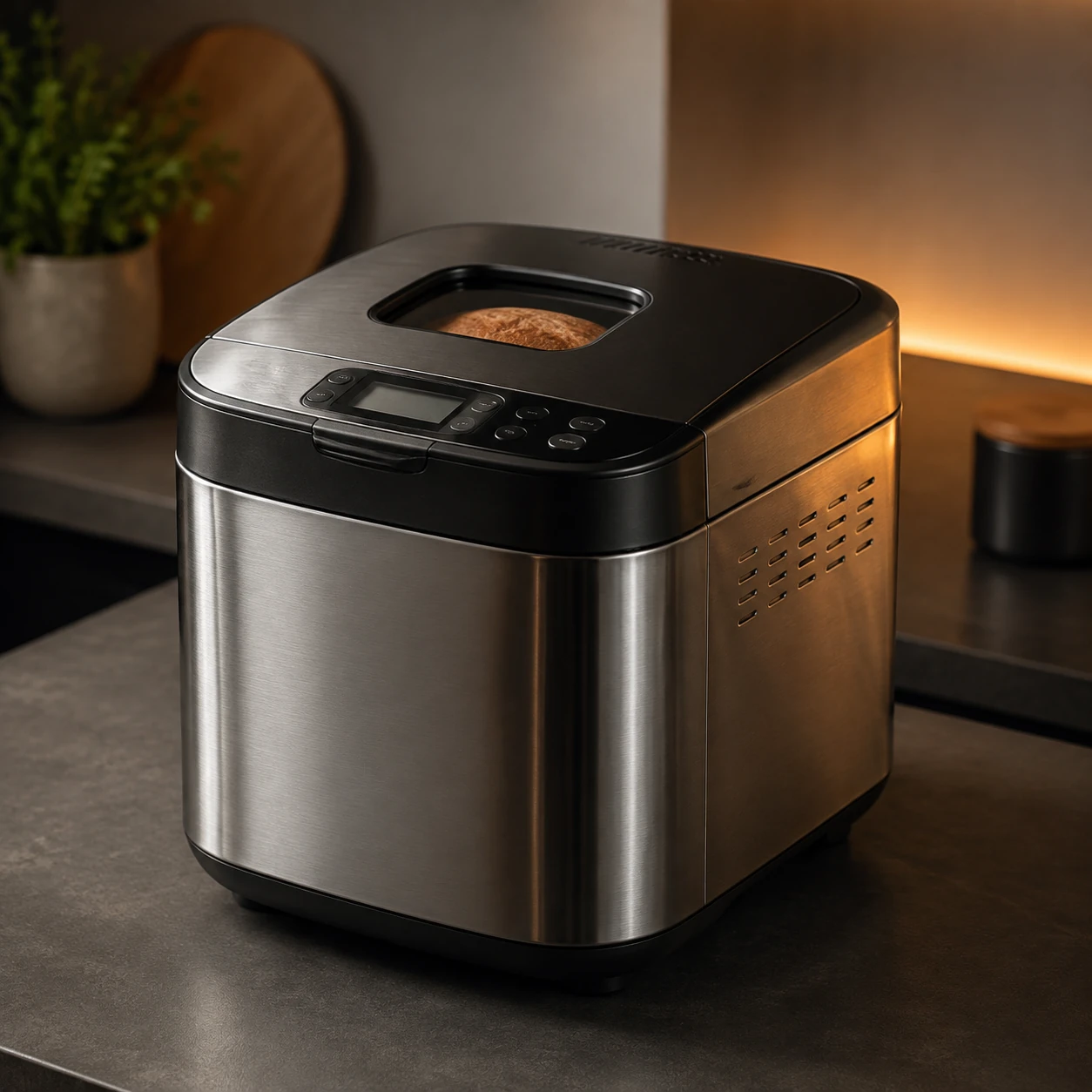 Automatic bread maker with a viewing window in the lid on a neutral background
