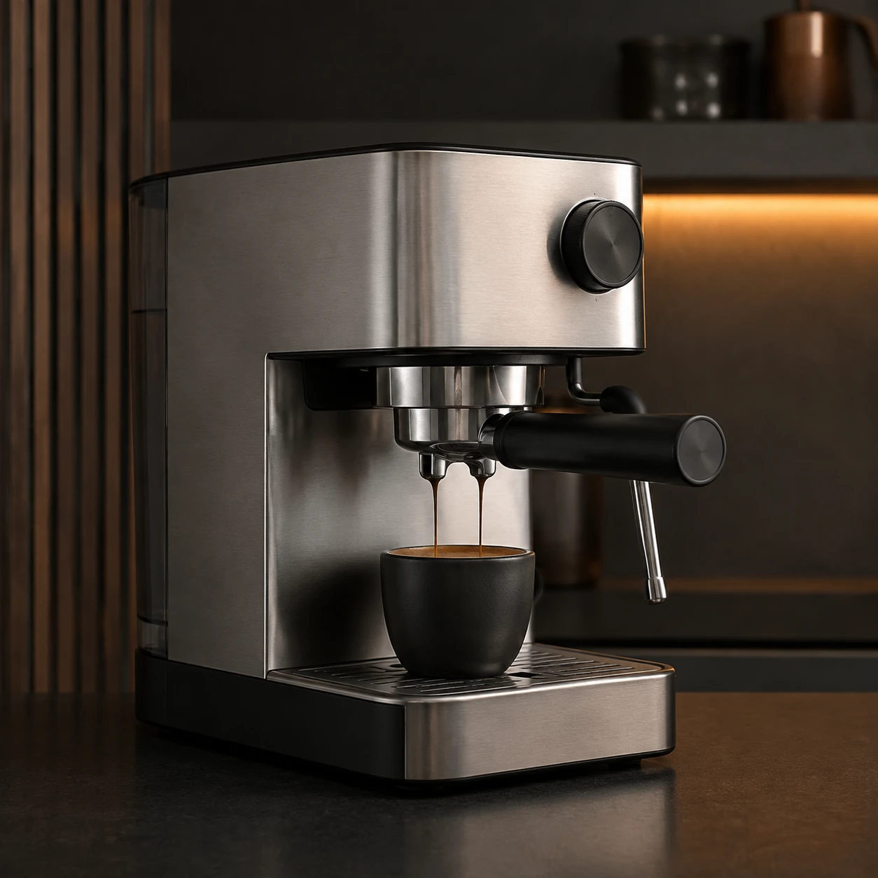 Stainless steel espresso machine with a portafilter on a neutral background
