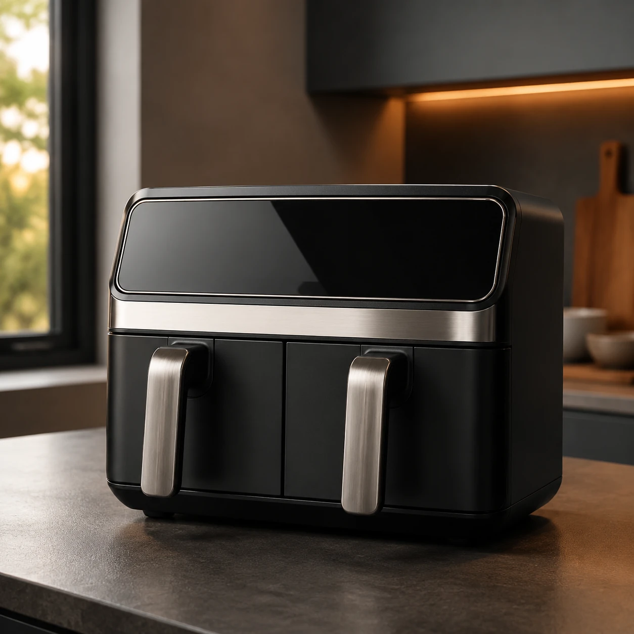 Dual-basket air fryer with two drawers and a wide digital display on a neutral background