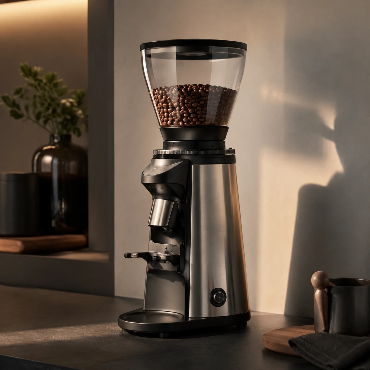 Conical burr coffee grinder with a clear bean hopper and a portafilter cradle on a neutral background