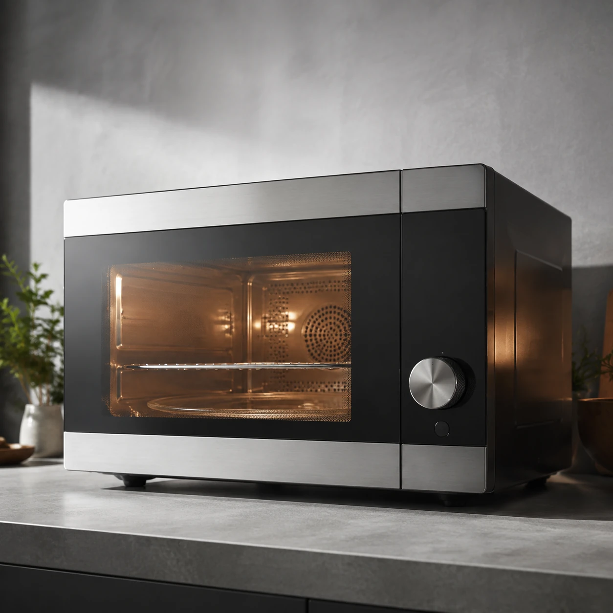Large combination microwave oven with a dark glass door and a control dial on a neutral background
