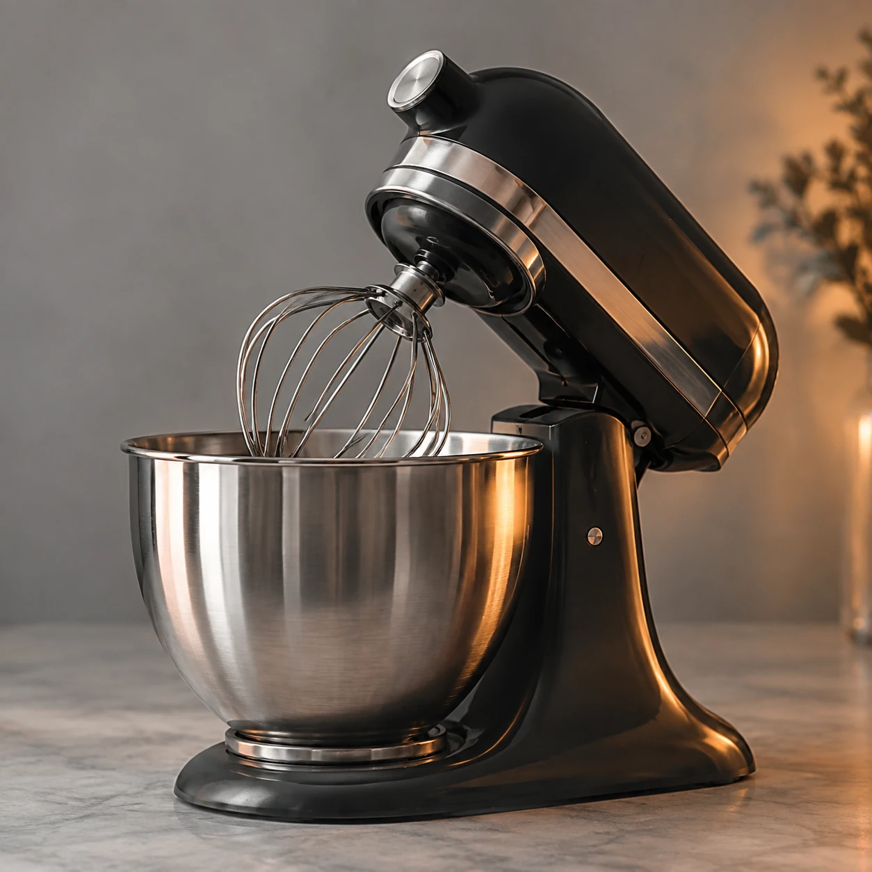 Planetary stand mixer with a bowl and whisk attachment on a neutral background