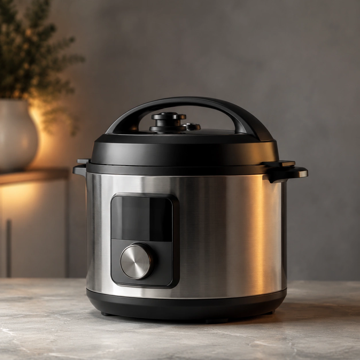 Round electric multi-cooker with a locking pressure lid on a neutral background