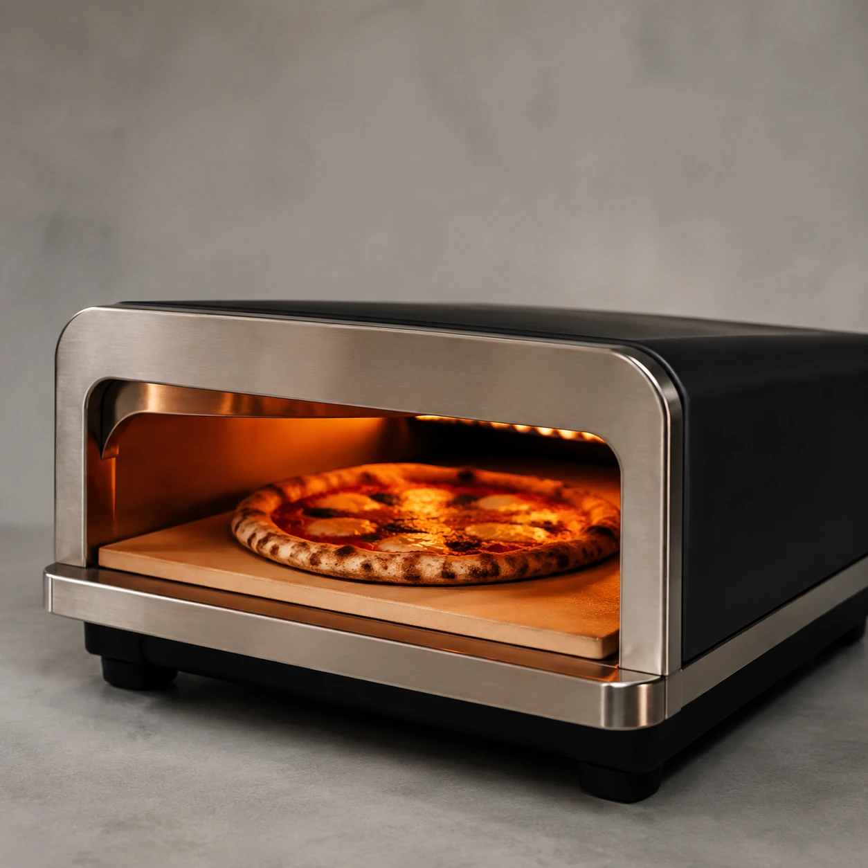 Compact countertop electric pizza oven with a stone baking deck on a neutral background