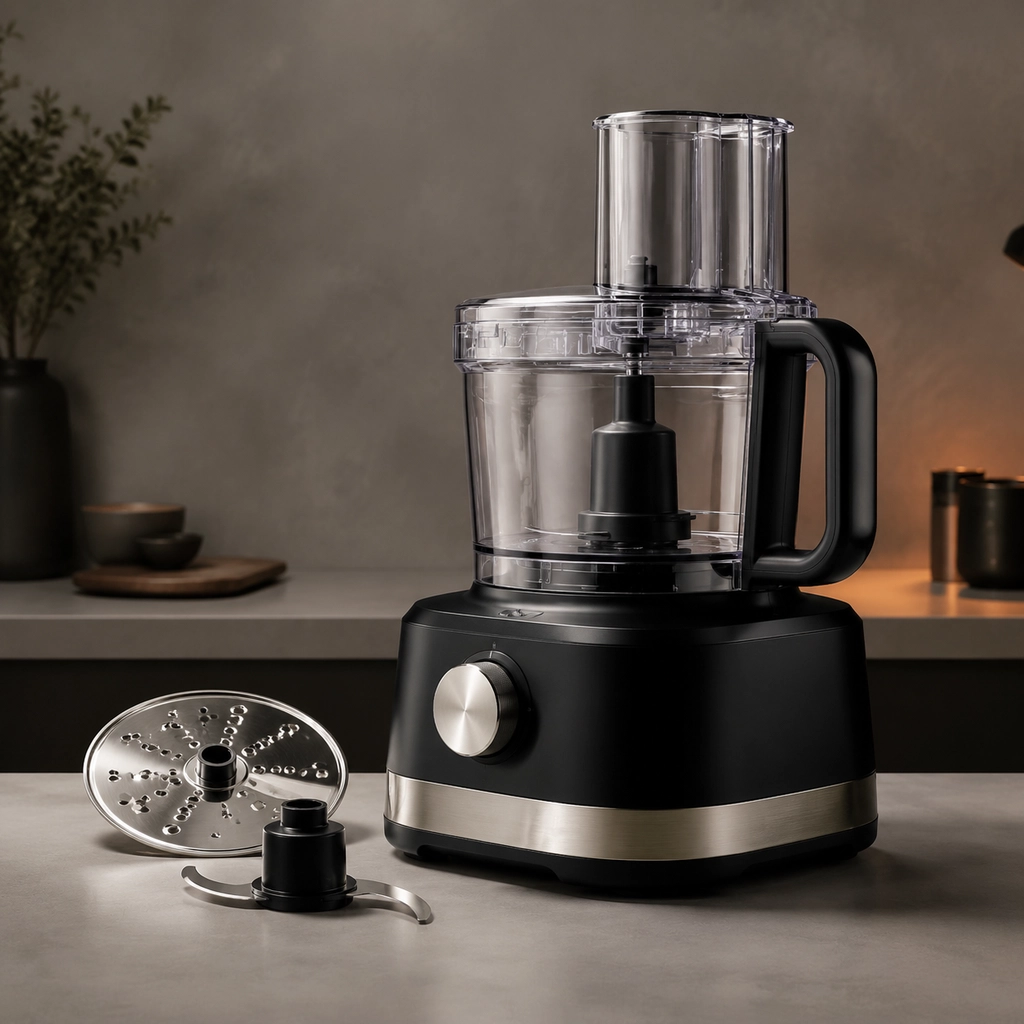 Food processor with a clear bowl, slicing disc and chopping blade on a neutral background