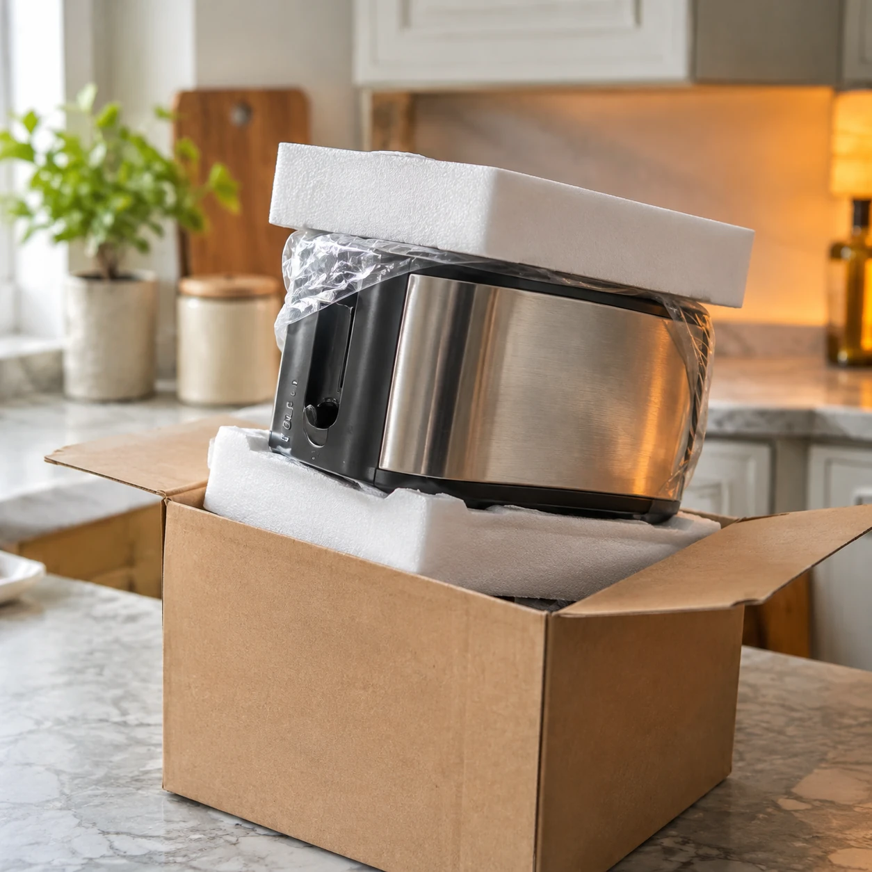 Cardboard parcel with a kitchen appliance being unpacked on a worktop