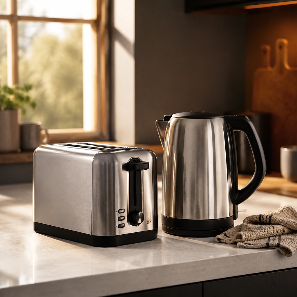 Toaster and kettle standing side by side in a bright kitchen