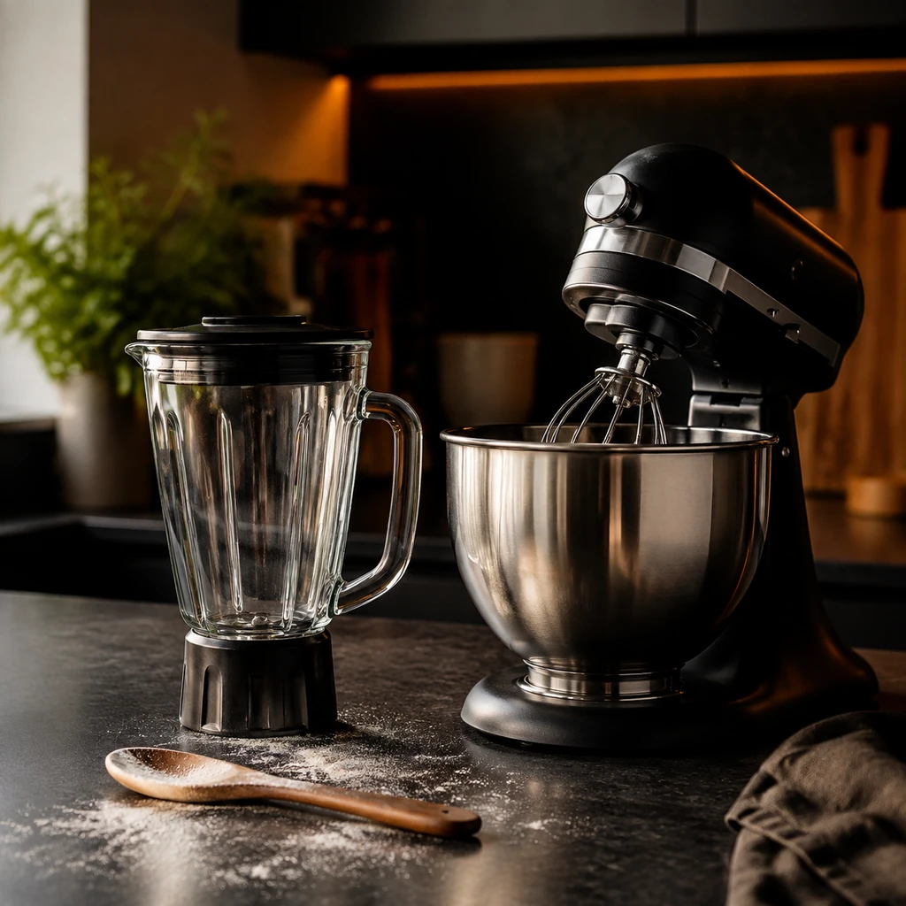 Blender jug and stand mixer bowl on a stone worktop